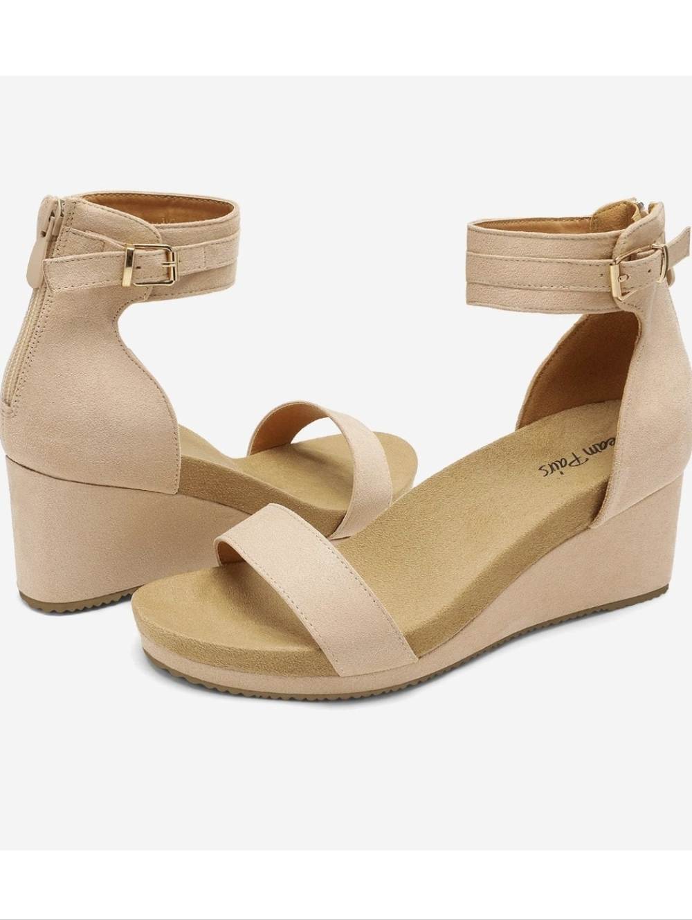 NWB Womens Dream Pairs Wedge Ankle Strap Comfy Sandals in Nude Size 7.5